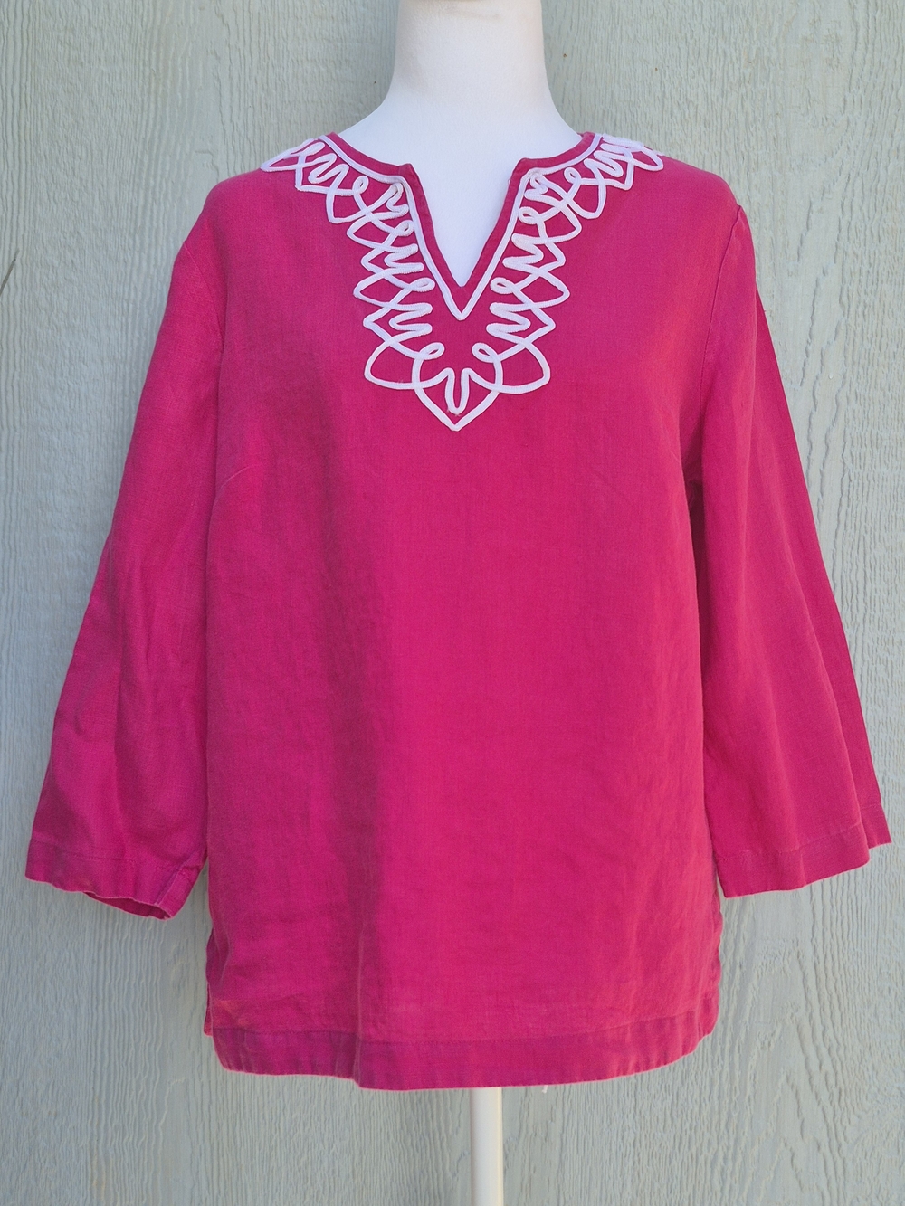 TALBOTS 100% LINEN Tunic Top Fuchsia Pink Printed V-Neck 3/4 Sleeve Size MP